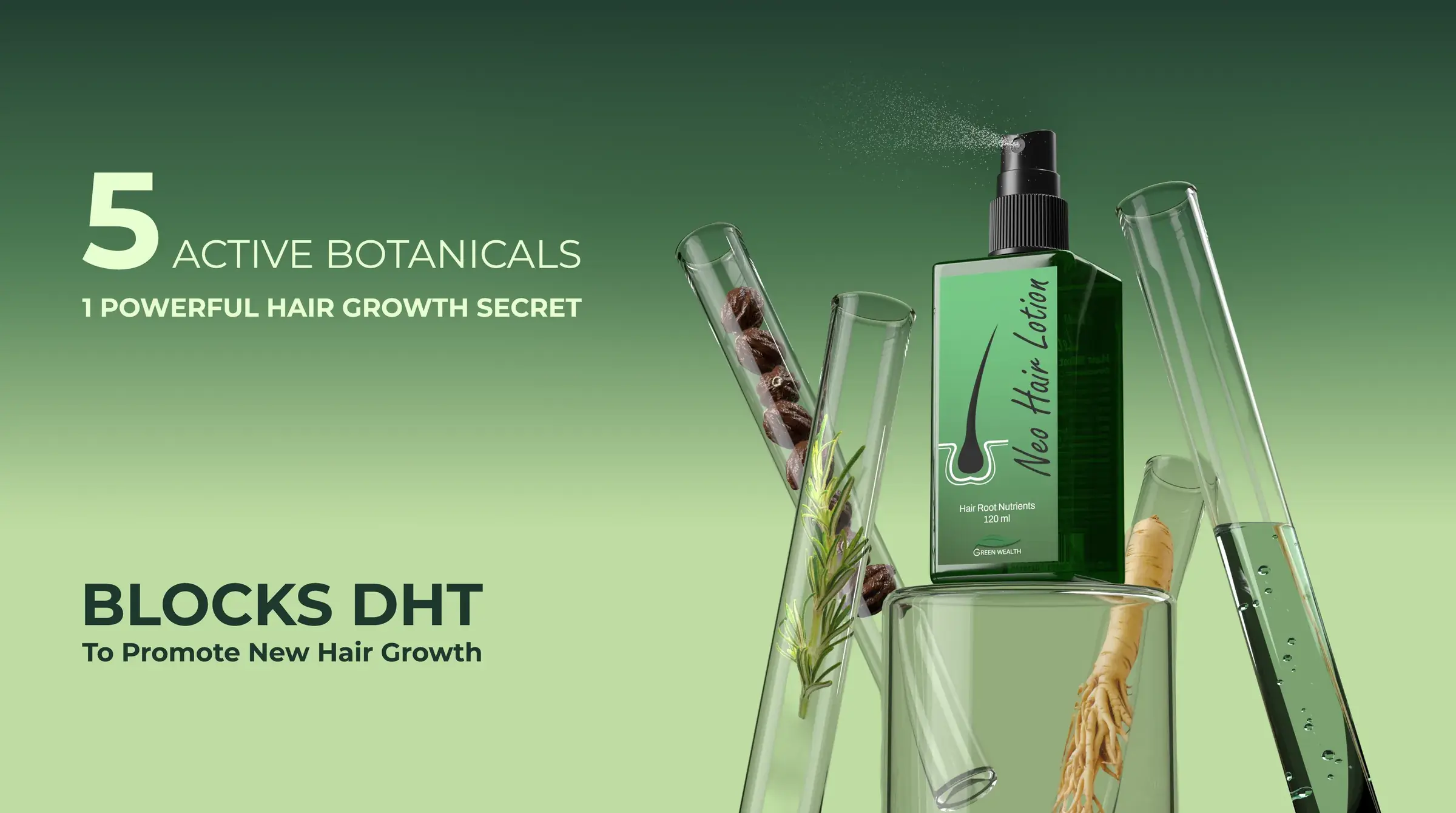 Neo Hair Lotion Neo Hair Lotion 120 ml scalp spray with botanical extracts in laboratory glassware — five active botanicals that help block DHT