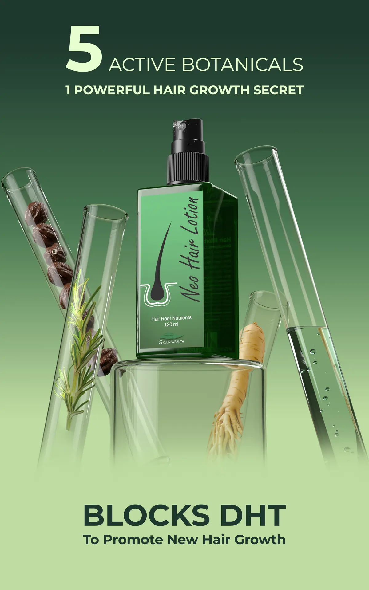 Neo Hair Lotion Neo Hair Lotion 120 ml with five active botanicals in laboratory test tubes — blocks DHT to promote new hair growth